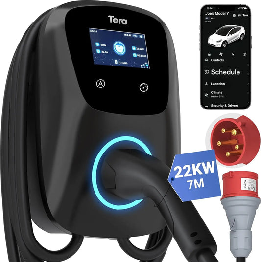 Tera EV Cargador con inteligente App 32A Tipo 2 22kW 400V CE y T¨¹V wallbox Cable de Carga de 7 Metros con Soporte para el Cargador Control de la apl