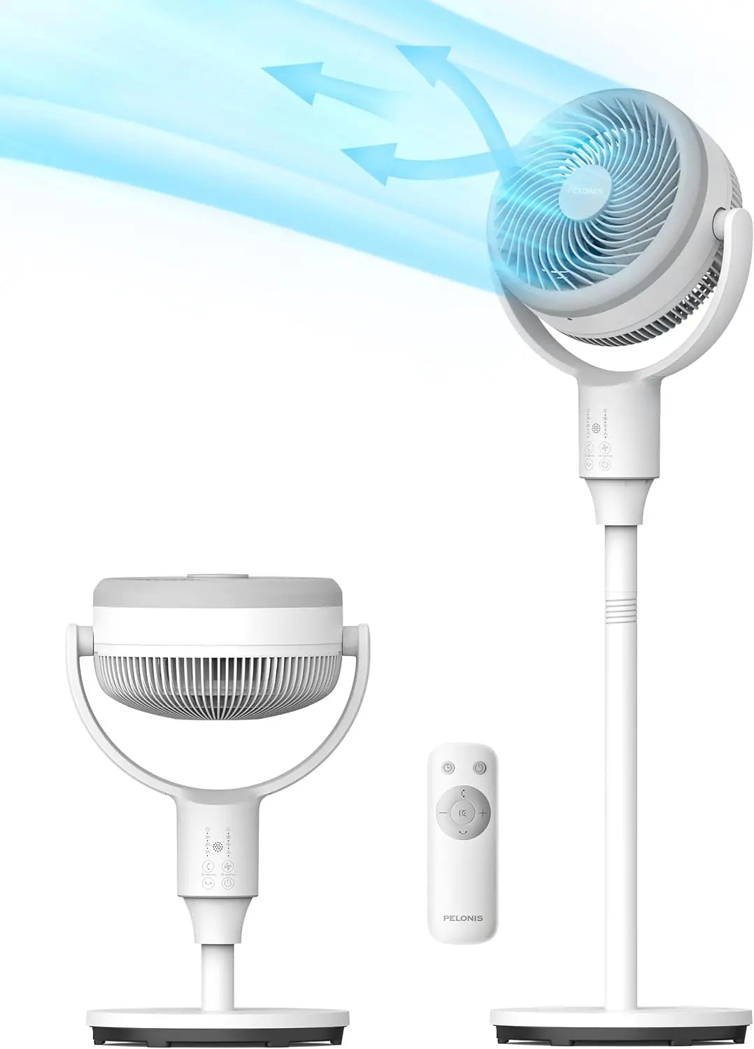 Pelonis Ventilador de Pedestal Silencioso con Mando, Circulador Ventilador Oscilaci¨®n de 135¡ã+90¡ã, Cabeza Agitadora 3D, Altura Ajustable, 3 Modos