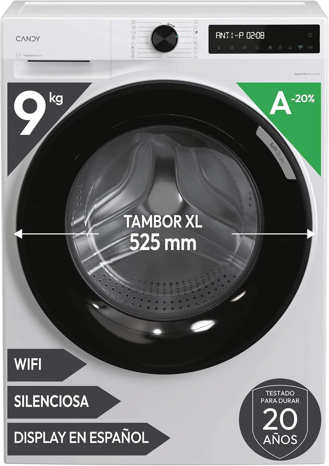 Candy ProWash 500 BR 49SBL8-S, Lavadora 9 KG, 1400 RPM, pantalla Digital, Conectividad WIFI, 16 Ciclos, Motor de velocidad variable, Tambor 52, 5cm