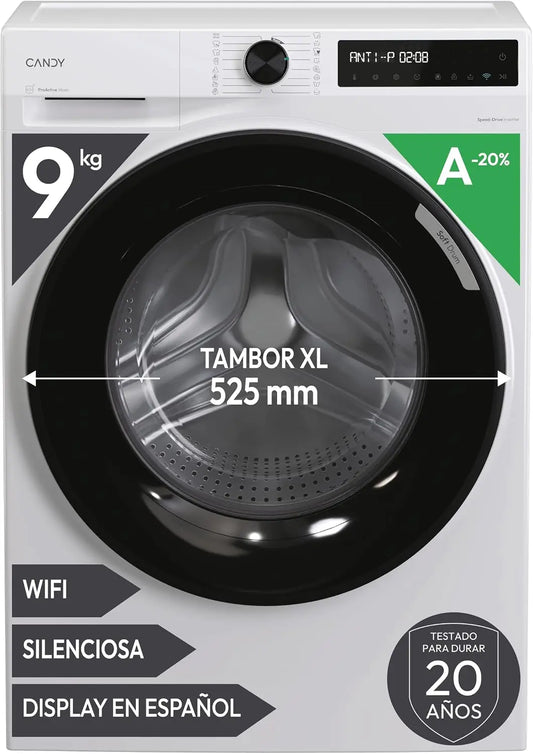 Candy ProWash 500 BR 49SBL8-S, Lavadora 9 KG, 1400 RPM, pantalla Digital, Conectividad WIFI, 16 Ciclos, Motor de velocidad variable, Tambor 52, 5cm