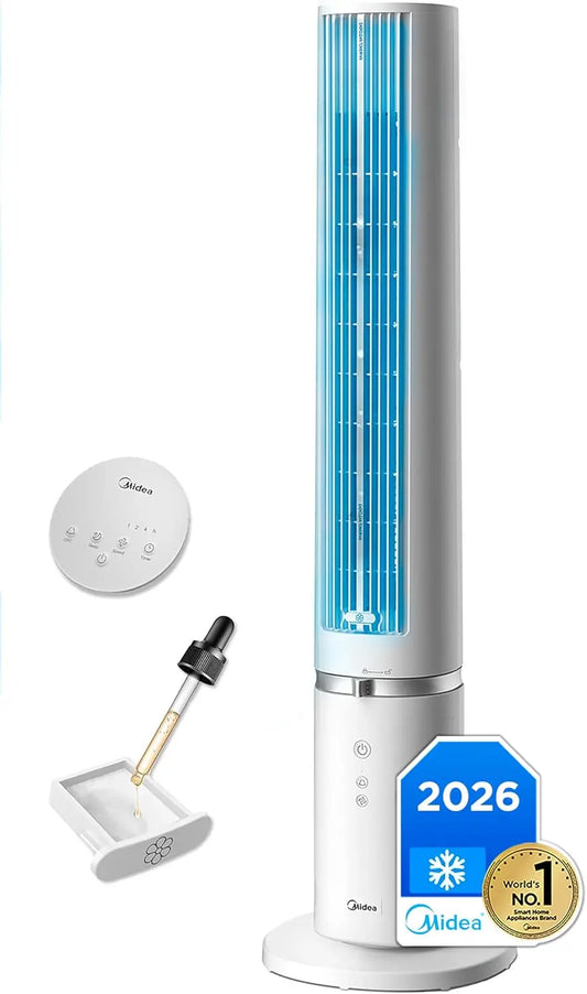 Midea Ventilador Torre con Mando a Distancia de 4 Velocidades, Ventilador de Torre Silencioso con Oscilaci¨®n 90o, Temporizador 7h, Distancia 9m/s