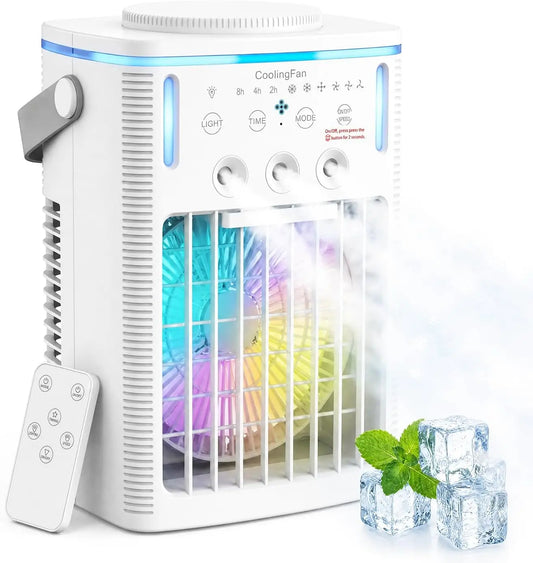Aire acondicionado port¨¢til, 6 en 1, 1000 ml, con mando a distancia, 3 velocidades, 3 modos de niebla, tipo C, luz de 7 colores, temporizador 2-8H