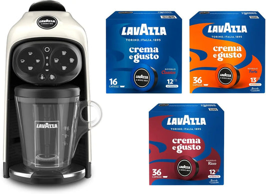 Lavazza, A Modo Mio Cafetera Des¨¦a blanco Cream con 88 c¨¢psulas crema y sabor surtidos, espresso 1500 W, 220-240 V, 50/60 Hz, 1 litros de agua