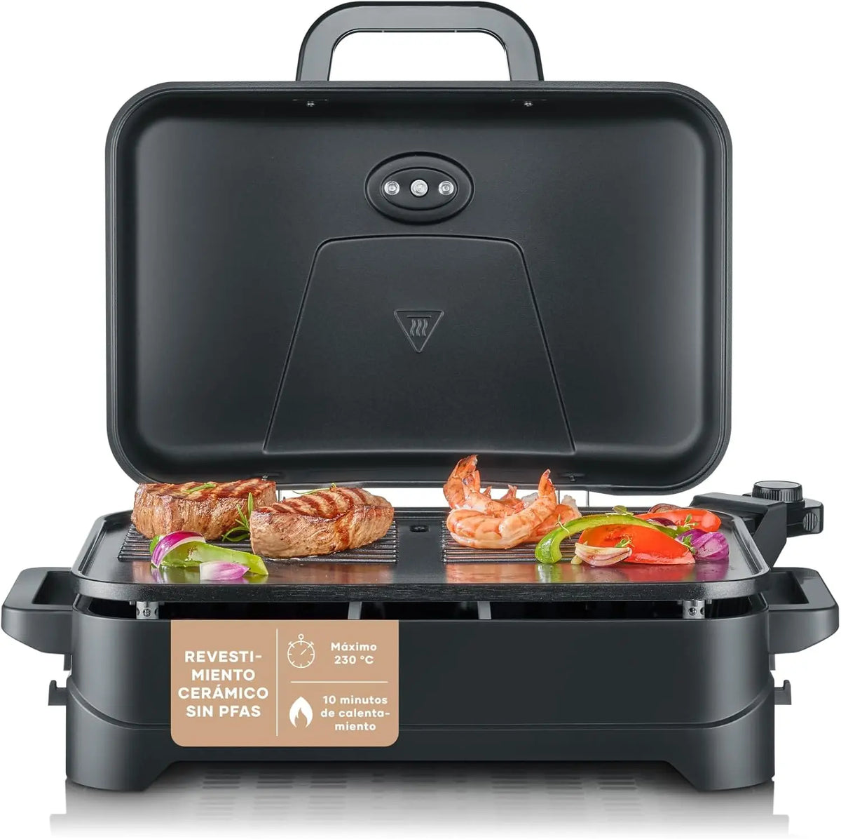Severin Barbacoa el¨¦ctrica con tapa abatible, 2300 W, m¨¢x. 230 ¡ãC, tiempo de calentamiento de 10 min, revestimiento cer¨¢mico, term¨®metro, negro mate
