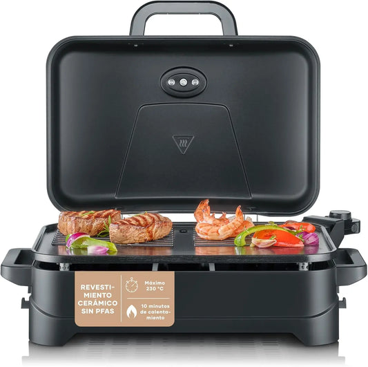 Severin Barbacoa el¨¦ctrica con tapa abatible, 2300 W, m¨¢x. 230 ¡ãC, tiempo de calentamiento de 10 min, revestimiento cer¨¢mico, term¨®metro, negro mate