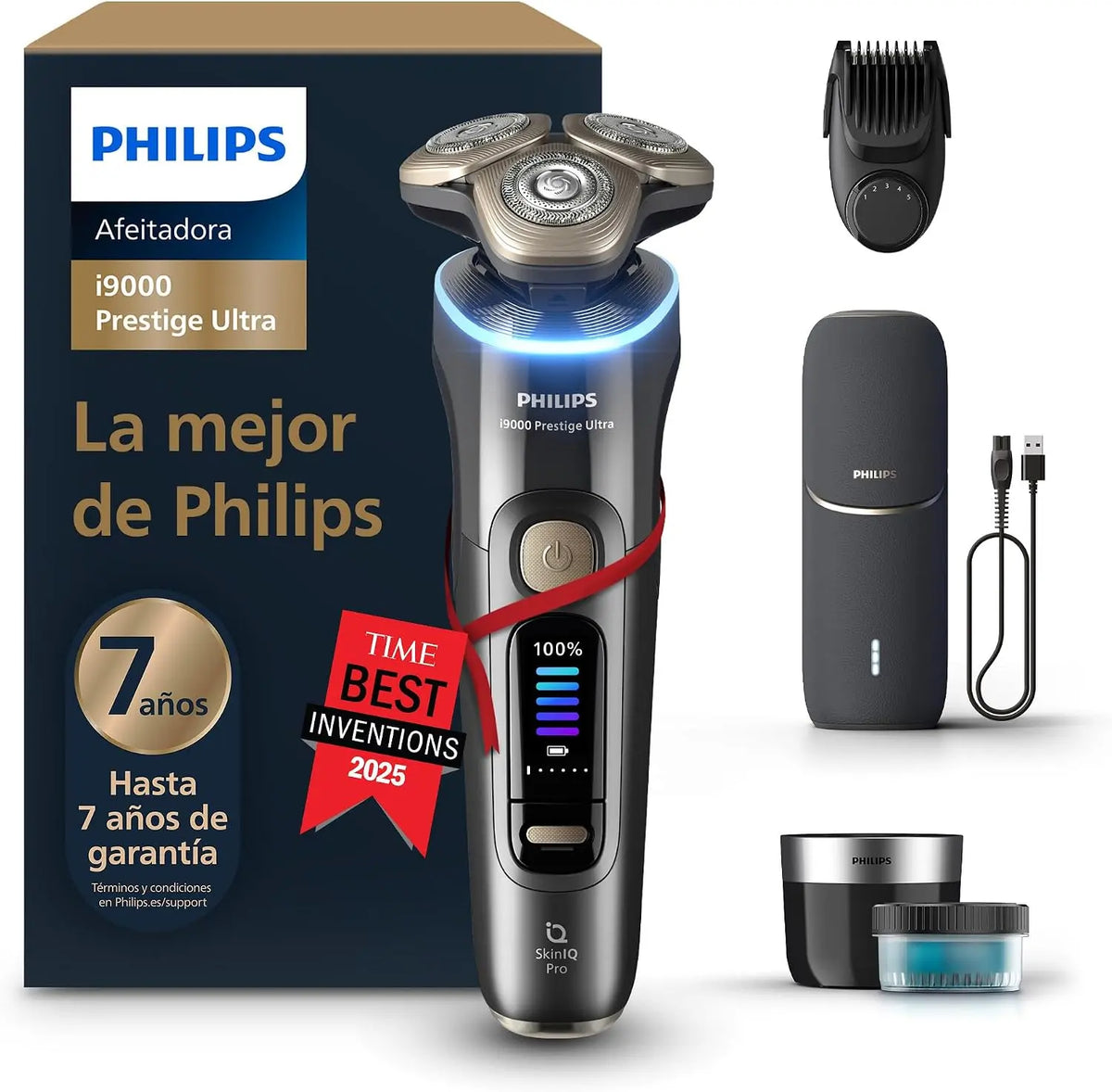 Philips i9000 Prestige Ultra, Afeitadora El¨¦ctrica Hombre, M¨¢quina de Afeitar Barba en Seco y H¨²medo, Tecnolog¨ªa SkinIQ Pro, Recargable, Recortador