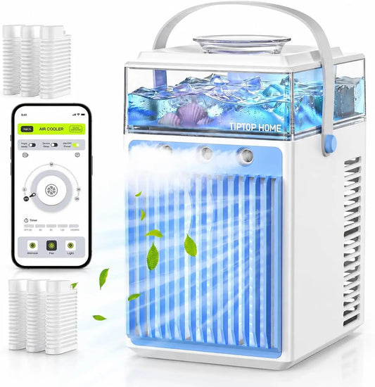 Aire acondicionado port¨¢til, mini ventilador de CA 5 en 1 con tanque de agua de 800 ml, control por aplicaci¨®n, evaporativo, alimentado por USB, luz