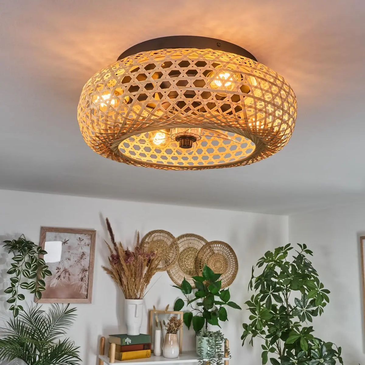 Ventilador de techo Bauro, ventilador de metal/bamb¨² en negro/natural con mando a distancia, funci¨®n arriba/abajo y efecto de luz en el techo