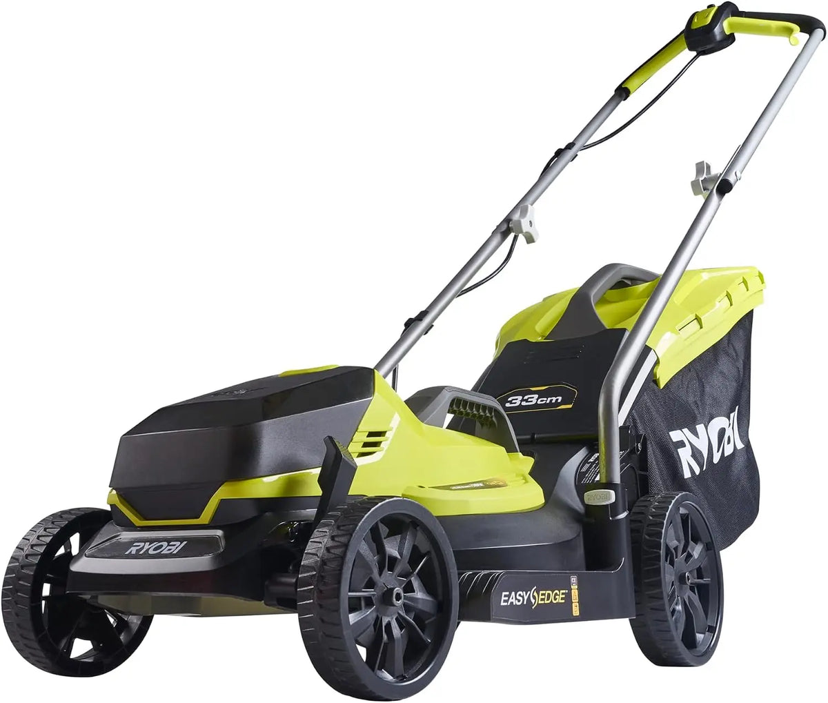 RYOBI, Cortac¨¦sped El¨¦ctrico Inal¨¢mbrico a Bater¨ªa 18V One+ ?33cm, Recoge y Mulching, Gran Autonom¨ªa, Compacto y F¨¢cil de Almacenar, OLM1833B
