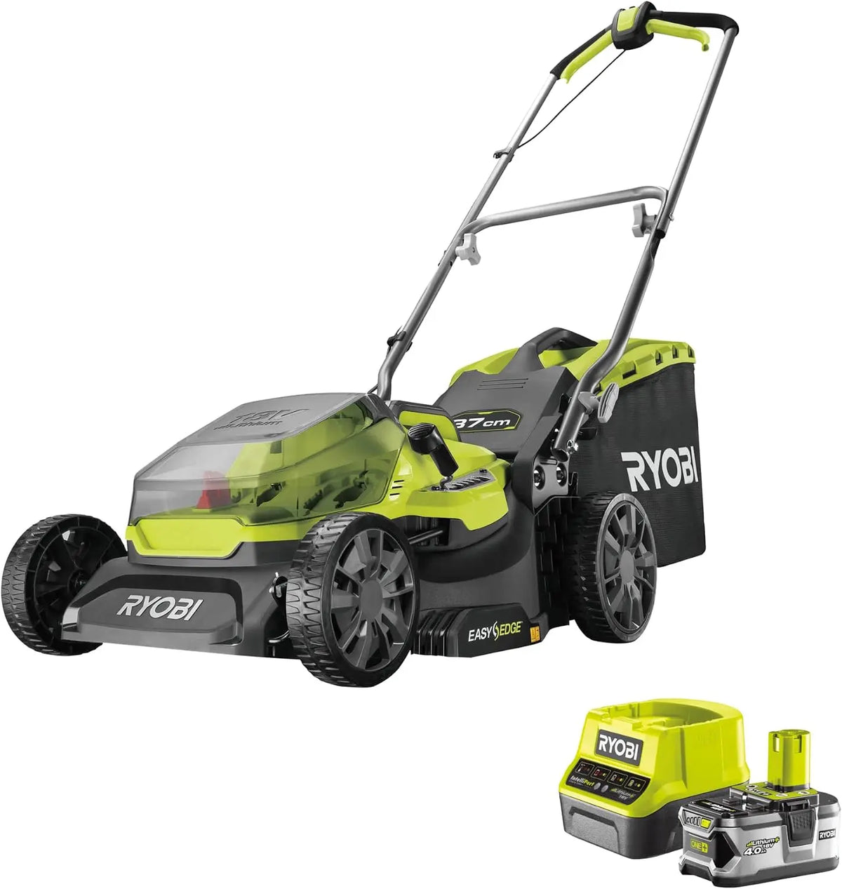 RYOBI Cortac¨¦sped Inal¨¢mbrico 18V One+ Ancho 37cm, 6 Alturas, EasyEdge y Mulching, Bater¨ªa 4.0Ah, Cargador y Recogedor 45L