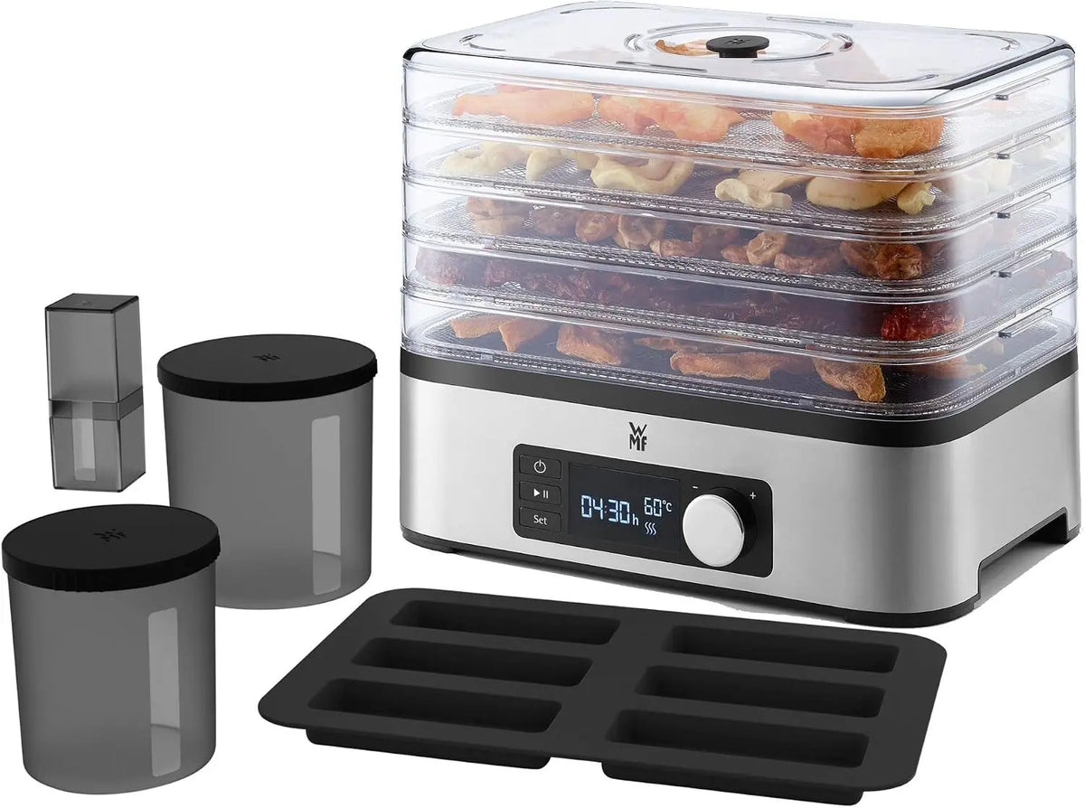 WMF Kitchenminis, Deshidratadora Snack To Go, 250 W con 5 bandejas altura regulable, pantalla LCD, 30-70oC, libre de BPA, Tritan