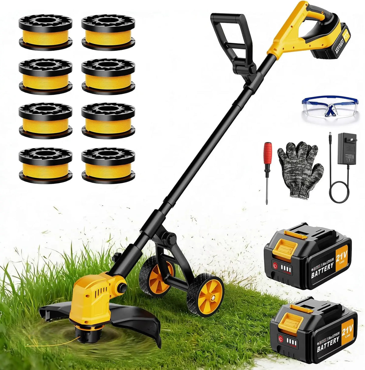 Desbrozadora con Bater¨ªa de 14 Pulgadas con Ruedas, 20.000 RPM, 2 Bater¨ªas de 3000 mAh, Desbrozadora 4 en 1 con Motor sin Escobillas de 800 W