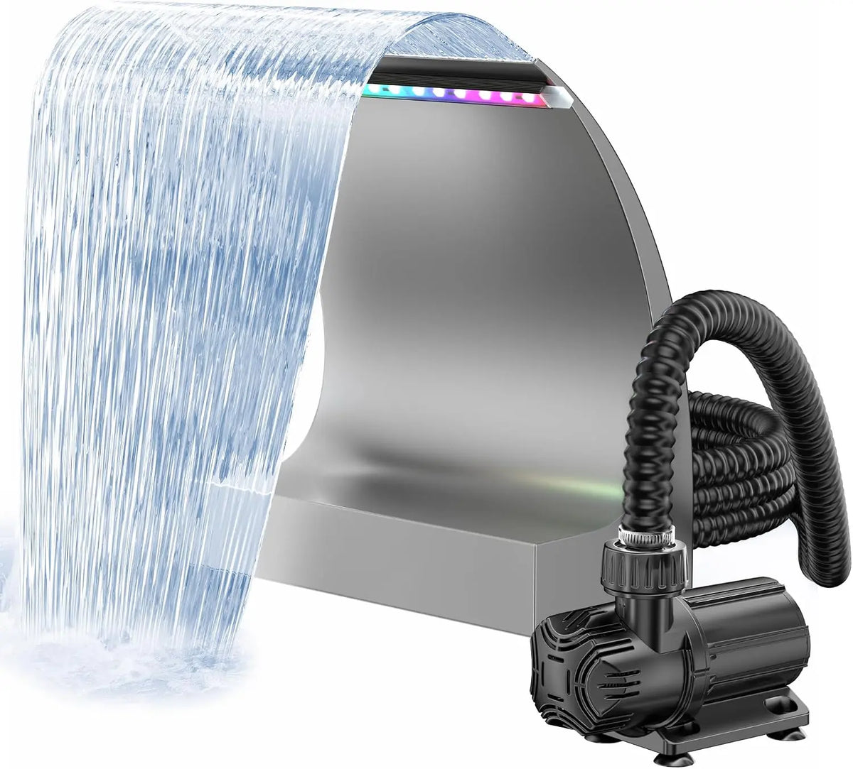 POPOSOAP 300C juego de rebosadero para cascada de estanque, salida de 30 cm en acero inoxidable, bomba de 24 V CC de 6000 l/h con l¨¢mparas LED