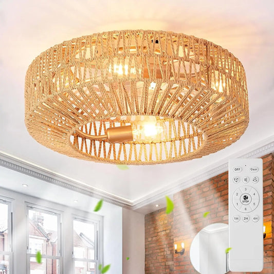 MiiR Ventilador De Techo Con Iluminaci¨®n Y Mando A Distancia E27 Retro Cuerda De C¨¢?amo Luz Ventilador Silencioso 6 Velocidades Reversible Motor Luz