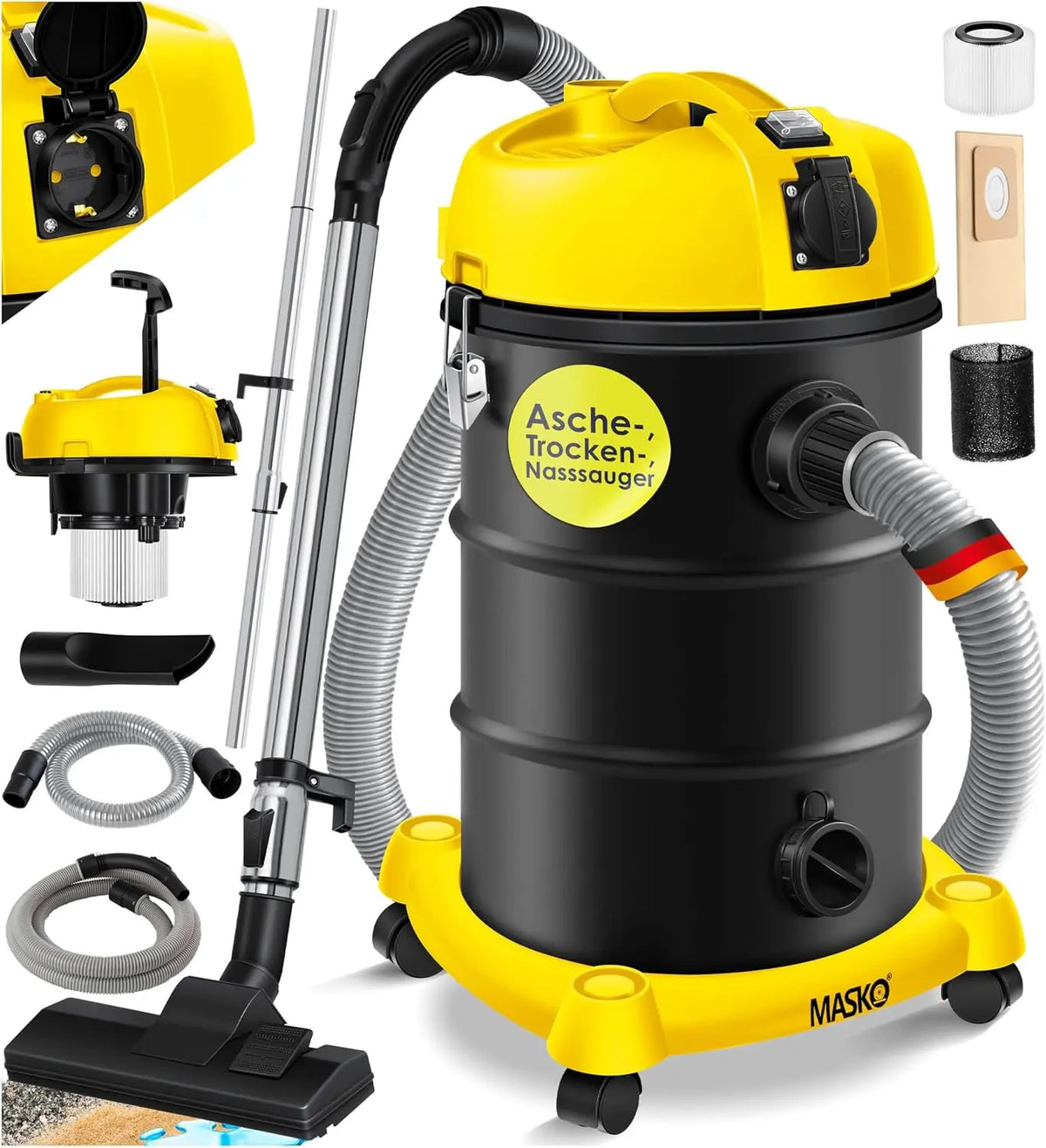 Masko 6IN1 Aspirador Industrial en seco y h¨²medo de Cenizas 2300W + Toma de Corriente Funci¨®n de soplado en seco y h¨²medo
