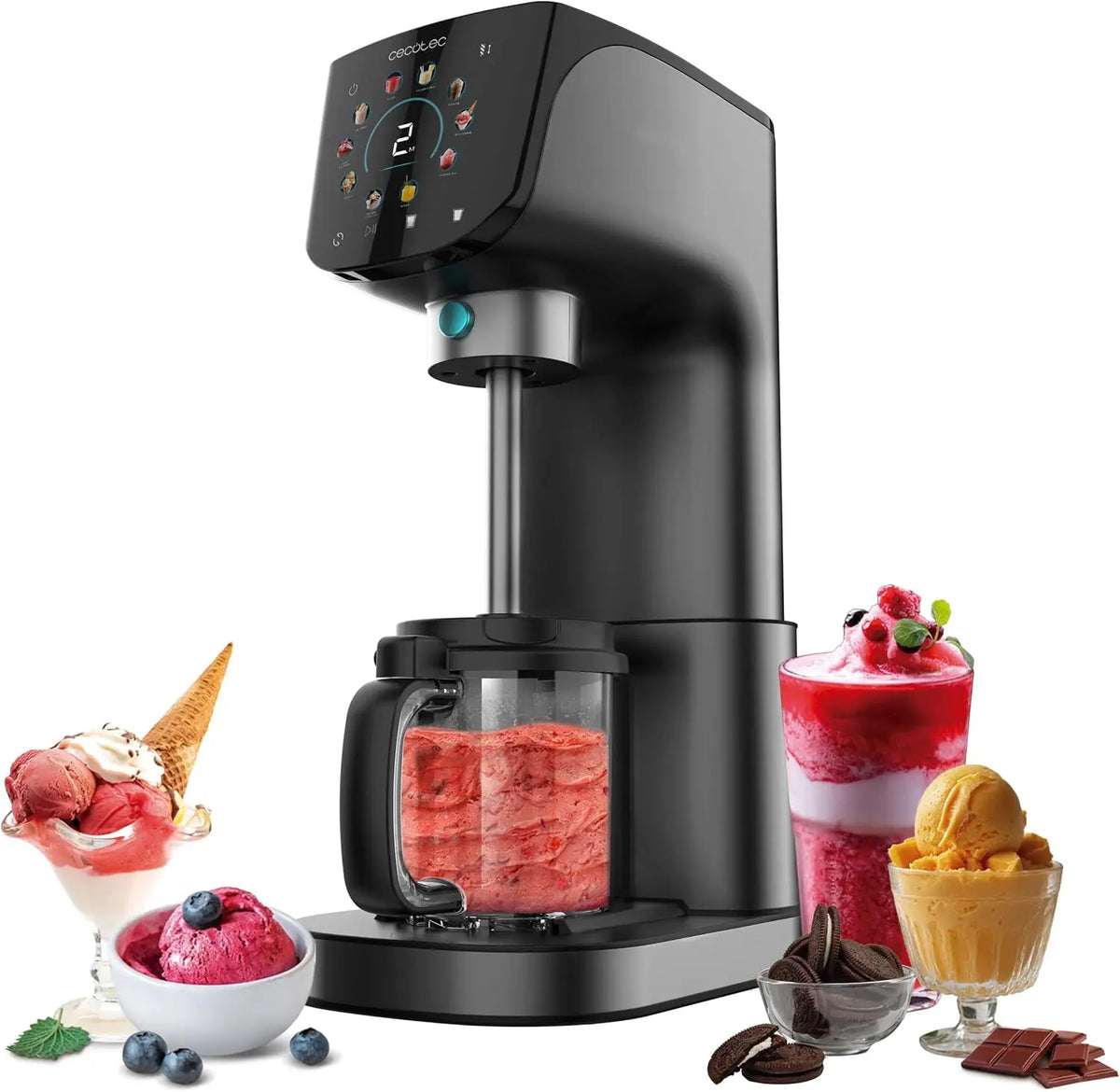Cecotec Heladera Multifunci¨®n Capacidad 2, 1L, 3 Tarrinas, Gelatec 2100. 500W, 11 Programas de Helado y Bebidas Granizadas, Pantalla T¨¢ctil
